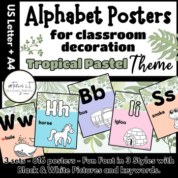 Preview of Alphabet Posters FUN Font BLACK & WHITE PICTURES and KEYWORDS Tropical Pastel
