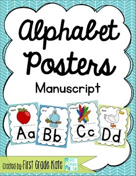 Preview of Green & Blue Manuscript Alphabet Posters for Classroom Decor