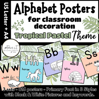 Preview of Alphabet Posters PRIMARY Font BLACK & WHITE PICTURES - KEYWORDS Tropical Pastel