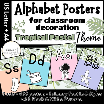 Preview of Alphabet Posters PRIMARY Font BLACK and WHITE Pictures Tropical Pastel Theme