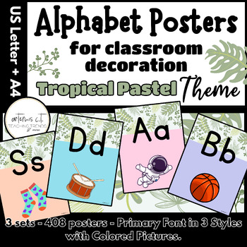 Preview of Alphabet Posters PRIMARY Font COLORED Pictures Tropical Pastel Classroom Decor