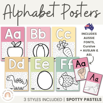 Preview of Alphabet Posters | Spotty Pastels | Muted Rainbow Decor | Editable Auslan & ASL