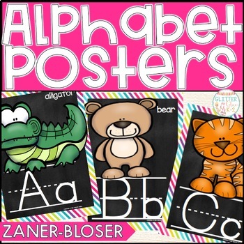 Preview of Alphabet Posters - Rainbow Border & Chalk Background - Colorful Classroom Decor