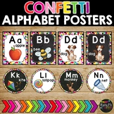 Alphabet Posters and Word Wall Labels Rainbow Confetti Whi
