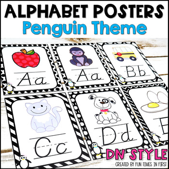 Alphabet Posters in Penguin Classroom Décor | D'Nealian Style Font