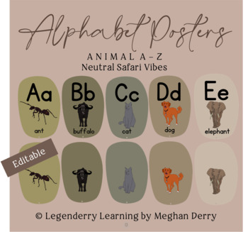 Preview of Alphabet Posters with Animals | EDITABLE | Neutral Safari Classroom Decor