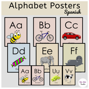 Alphabet Posters with Pictures and Names in Spanish - Pastel Colors