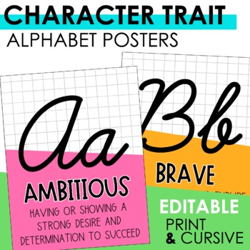 Preview of Alphabet Posters with Positive Character Traits - Print and Cursive - Editable