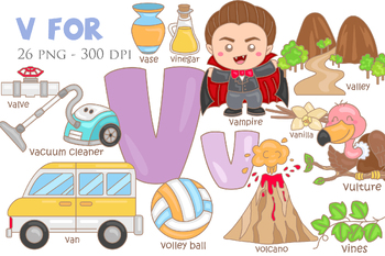 Preview of Alphabet V for Study Vocabulary Reading-Cute Cartoon Vector Clipart Illustration