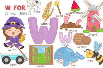 Preview of Alphabet W for Study Vocabulary Reading-Cute Cartoon Vector Clipart Illustration