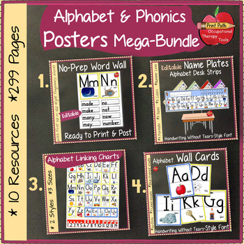 Preview of Alphabet, Word Wall, Name Plates, Phonics, CHARTS 299 page Megabundle~ HWT style