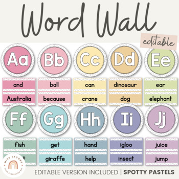 Preview of Alphabet Word Wall | SPOTTY PASTELS | Editable | Muted Rainbow Classroom Decor