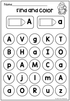 Alphabet Worksheet - Find and Color by Little Viva's Preschool | TPT