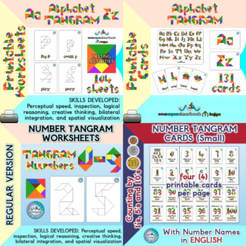 Preview of Alphabet and Number Tangram Puzzle Worksheets and Cards