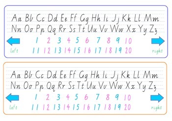 Alphabet desk strips with numbers 1-20. Vic Modern Cursive font. by