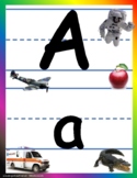 Alphabet letter posters, bold print, rainbow border