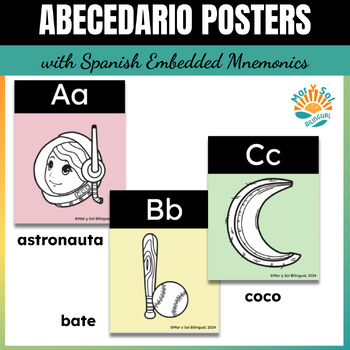 Preview of Alphabet sounds in Spanish posters embedded mnemonics PASTEL
