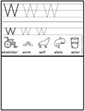 Alphabet worksheet, tracing, labeled pictures, empty space