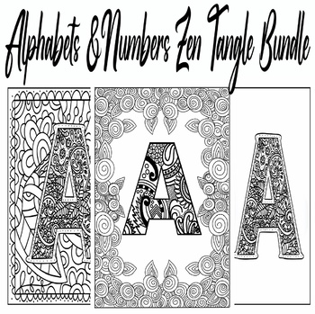 Preview of Alphabets And Numbers Zen Tangle Coloring Bundle| Alphabets And Numbers Mandala