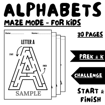 Preview of Alphabets MAZE MODE for kids - 30 Pages challenge - level #Prek-#K
