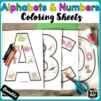 Preview of Alphabets & Numbers Coloring Pages Beginning Sound & Subitizing Activity Bundle