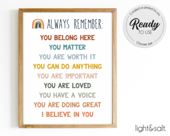 Preview of Always remember, You belong here, Inclusive poster, Positive affirmations