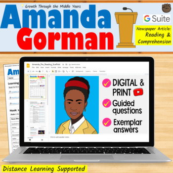 Preview of Amanda Gorman "The Hill We Climb" Article + Reading Comprehension Activities