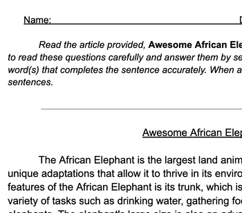 Amazing African Elephants: Article and Questions (Adaptations, natural