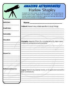 Preview of Amazing Astronomers: Harlow Shapley Biography Worksheet