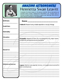 Preview of Amazing Astronomers: Henrietta Swan Leavitt Biography Worksheet