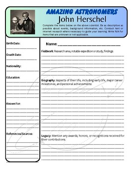 Preview of Amazing Astronomers: John Herschel Biography Worksheet