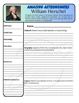 Preview of Amazing Astronomers: William Herschel Biography Worksheet