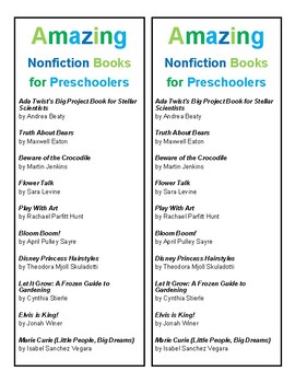 Preview of Amazing Nonfiction for Preschoolers Book List and Reading Tips Bookmarks