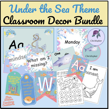 Preview of Name & Desk Tags, Worksheets & Classroom Resources - Ocean Theme Classroom Decor