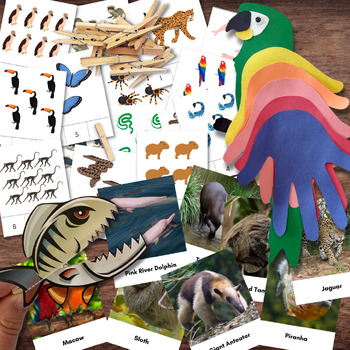Preview of Amazon Rain Forest Animals Fauna Montessori 3-Part Cards, Macaw & Piranha Craft
