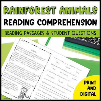 Preview of Reading Comprehension Passages and Questions | 2nd Grade | Rainforest Animals