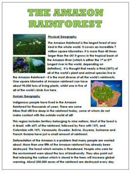 Preview of Amazon Rainforest Information Sheet (Physical and Human Geography!)