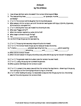 Preview of Ambush by Tim O'Brien Complete Guided Reading Worksheet