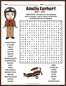 Amelia Earhart Word Search Puzzle Worksheet Activity By Puzzles To Print