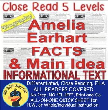 Preview of Amelia Earhart CLOSE READING 5 LEVEL PASSAGES Main Idea Fluency Check TDQ & More