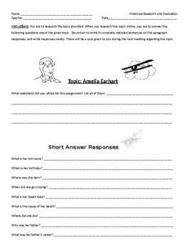 Preview of Amelia Earhart - Historical Research Assignment