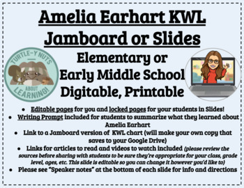 Preview of Amelia Earhart KWL Chart (Google Slides, Jamboard), Printable, Sources Provided