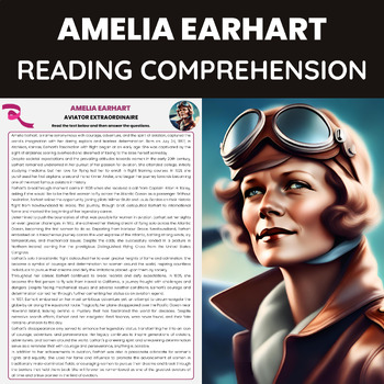 Preview of Amelia Earhart Reading Comprehension for Womens History Month Science Aviation