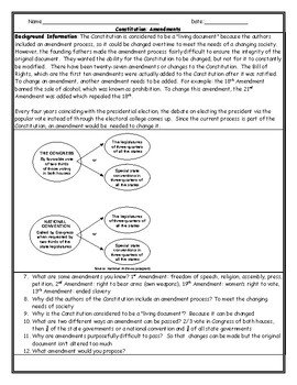 Amendment Process Worksheet with Answer Key by Social Studies Sheets