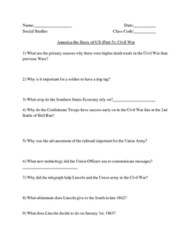 Preview of America Story of US. Part 5: "Civil War" Guided Questions