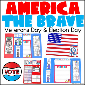 "America the Brave: Election Day & Veterans Day" shown with pictures of the red, white, and blue Veterans Day activities for elementary students.