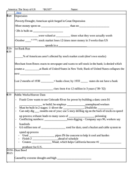 Preview of America: The Story of US BUST Guided note and questions sheet with teacher KEY