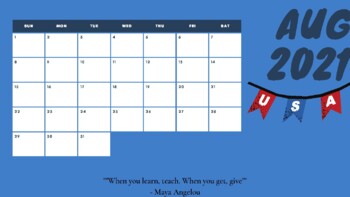 Preview of America USA Themed 2021-2022 Monthly and Weekly Class Calendar