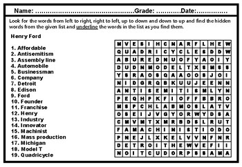 Preview of Henry Ford Word Search Worksheet, American Automobile Industry Distance Learning
