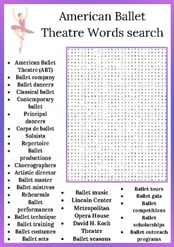 Preview of American Ballet Theatre word search puzzles worksheets activity